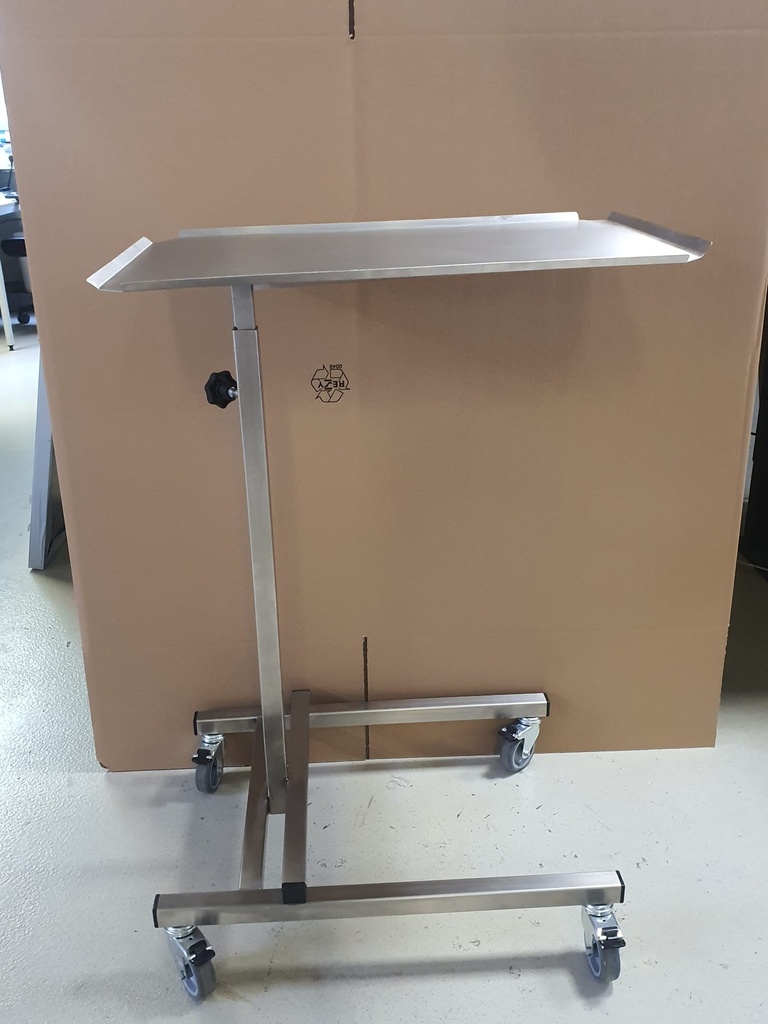 Instrumentenzureichtisch 40 x 60 cm, höhenverstellbar von 90 - 132 cm, mit 4 Rollen, rostfrei - Instrumententisch, bereits montiert, ohne Verpackung.