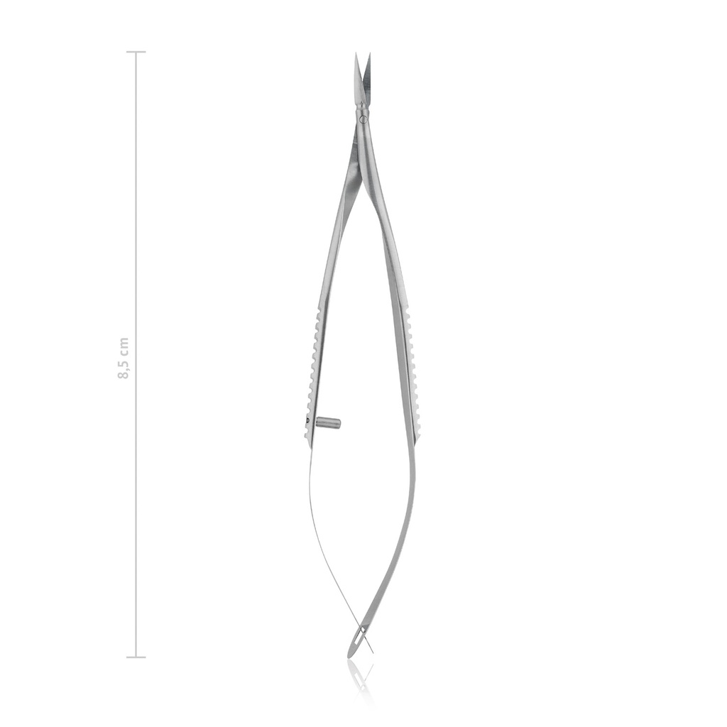 [172010] VANNAS kapszulotómia olló, hegyes, hajlított, 7,0 mm hosszú pengékkel, teljes hossz: 8,5 cm