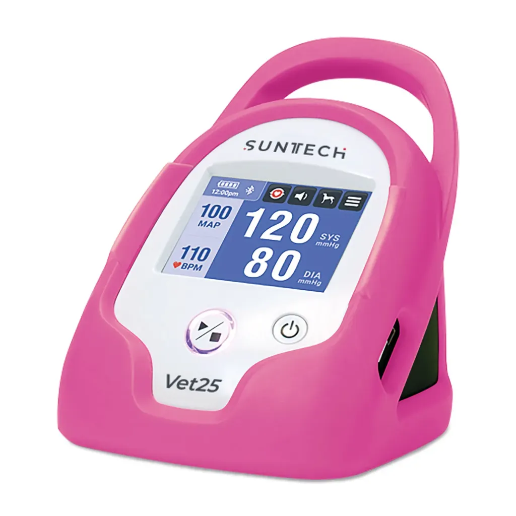 SunTech VET25 rózsaszín vérnyomásmérő, 6 mandzsettával, vérnyomásmérő tömlővel, tápegységgel, Li-ion akkumulátorral és védőburkolattal