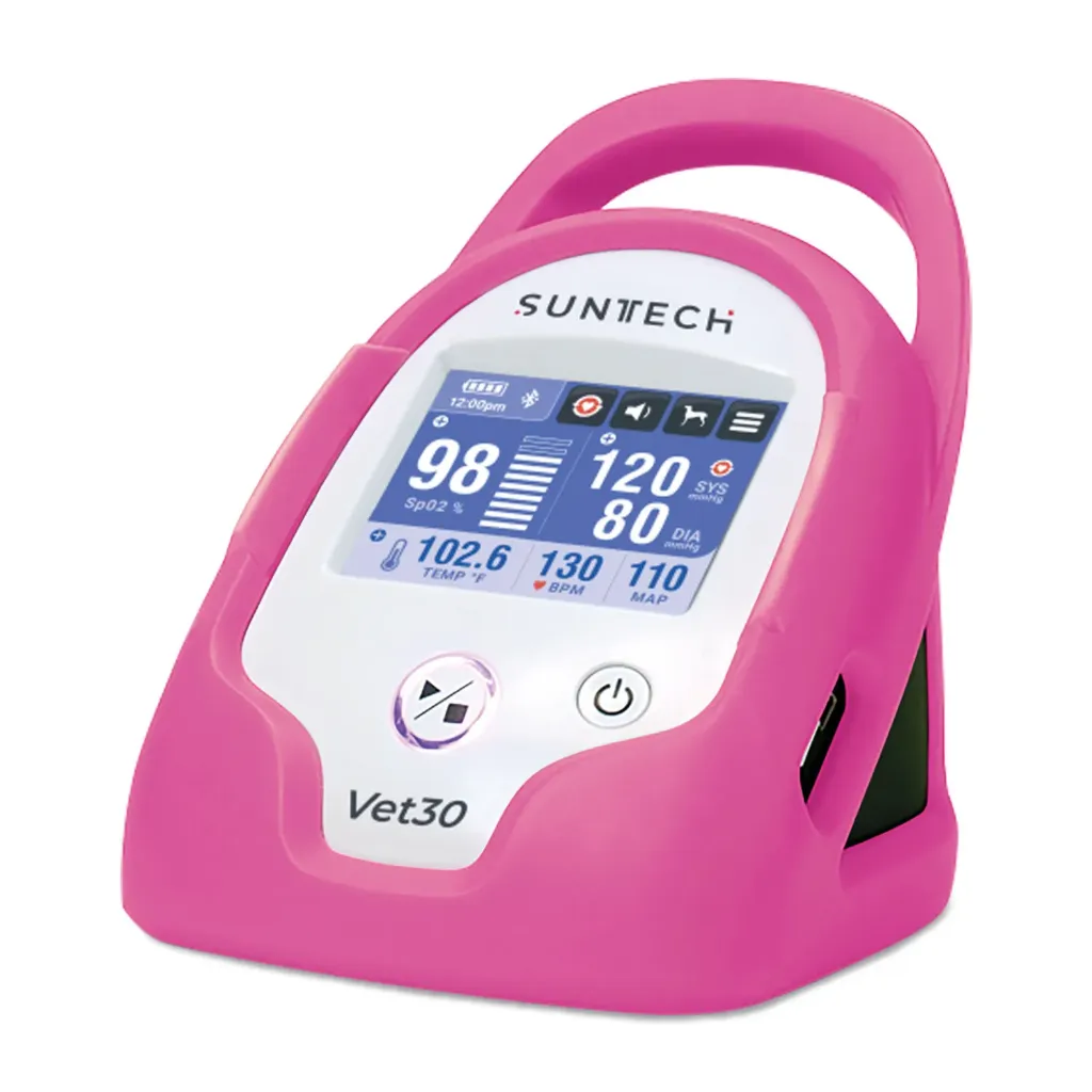 SunTech VET30 vérnyomásmérő, rózsaszín, 6 mandzsettával, SpO₂-érzékelővel, hőmérséklet-szondával, vérnyomáscsővel, hálózati tápegységgel, lítiumion-akkumulátorral és védőtokkal