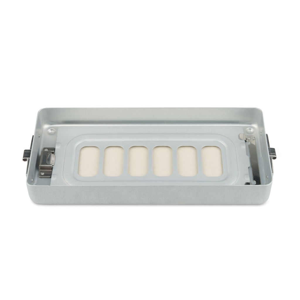 Eszközkonténer alsó rész, 3,5 cm magas, perforált, lapos kivitel, 30 × 14 × 3 cm, szürke, autoklávozható