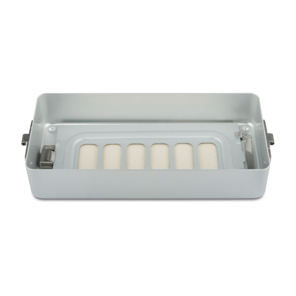 Eszközkonténer alsó rész, 6 cm magas, perforált, szűrővel, 30 × 13,5 × 6 cm, szürke, autoklávozható