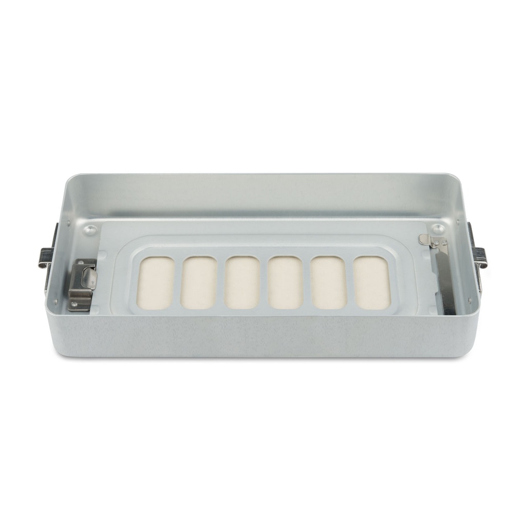 Eszközkonténer alsó rész, 4,5 cm magas, perforált, lapos kivitel, 30 × 14 × 4,5 cm, szürke, autoklávozható