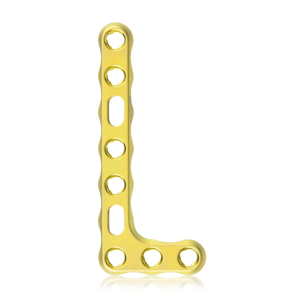 EickLoxx Small Contour 2.2 L-alakú csontlemez, jobb oldali, 9 lyuk, 18 × 39 mm, 1.7 / 2.3 rendszer, sárga