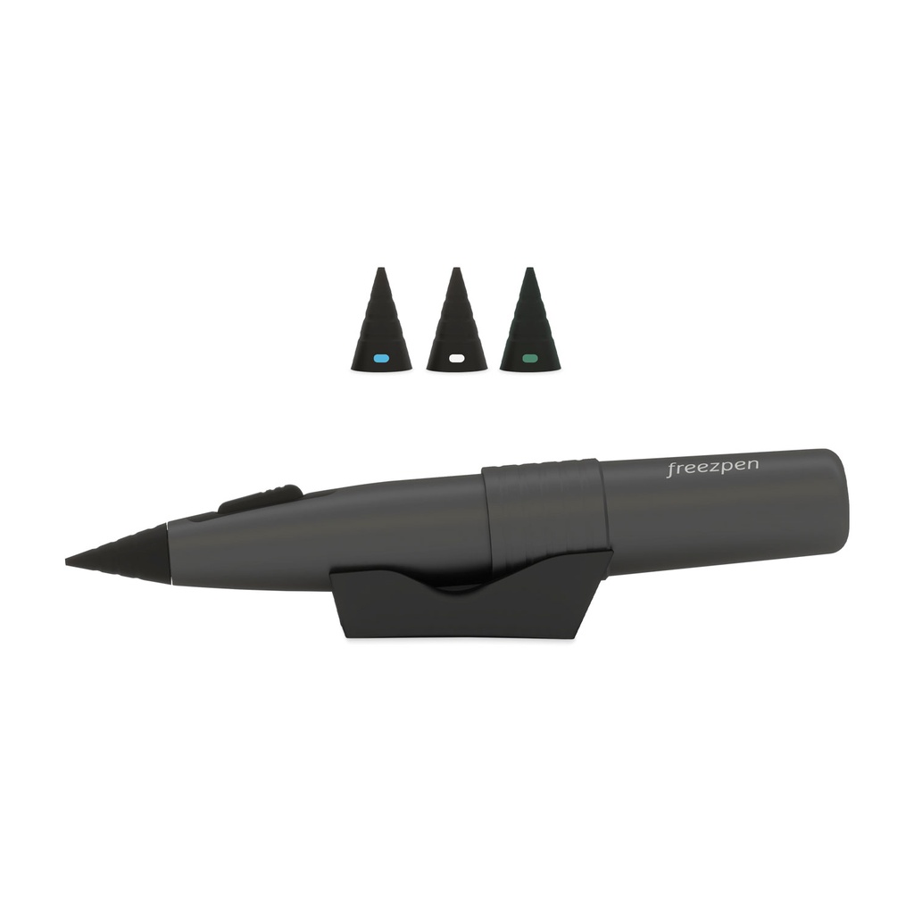 Freezpen 16G kyrosebészeti eszköz– tartozékai: 6 × 16 g N₂O patron, valamint 1 db kék (1–3 mm), 1 db fehér (2–6 mm) és 1 db zöld (4–8 mm) Freezpen fej