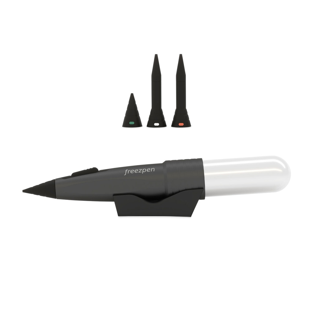 [173410] Freezpen 35 g – tartalmaz 4 × 35 g N₂O patront, 1 db 60 mm hosszú narancssárga (1–4 mm) és 1 db fehér (2–6 mm) Freezpen-feltétet.