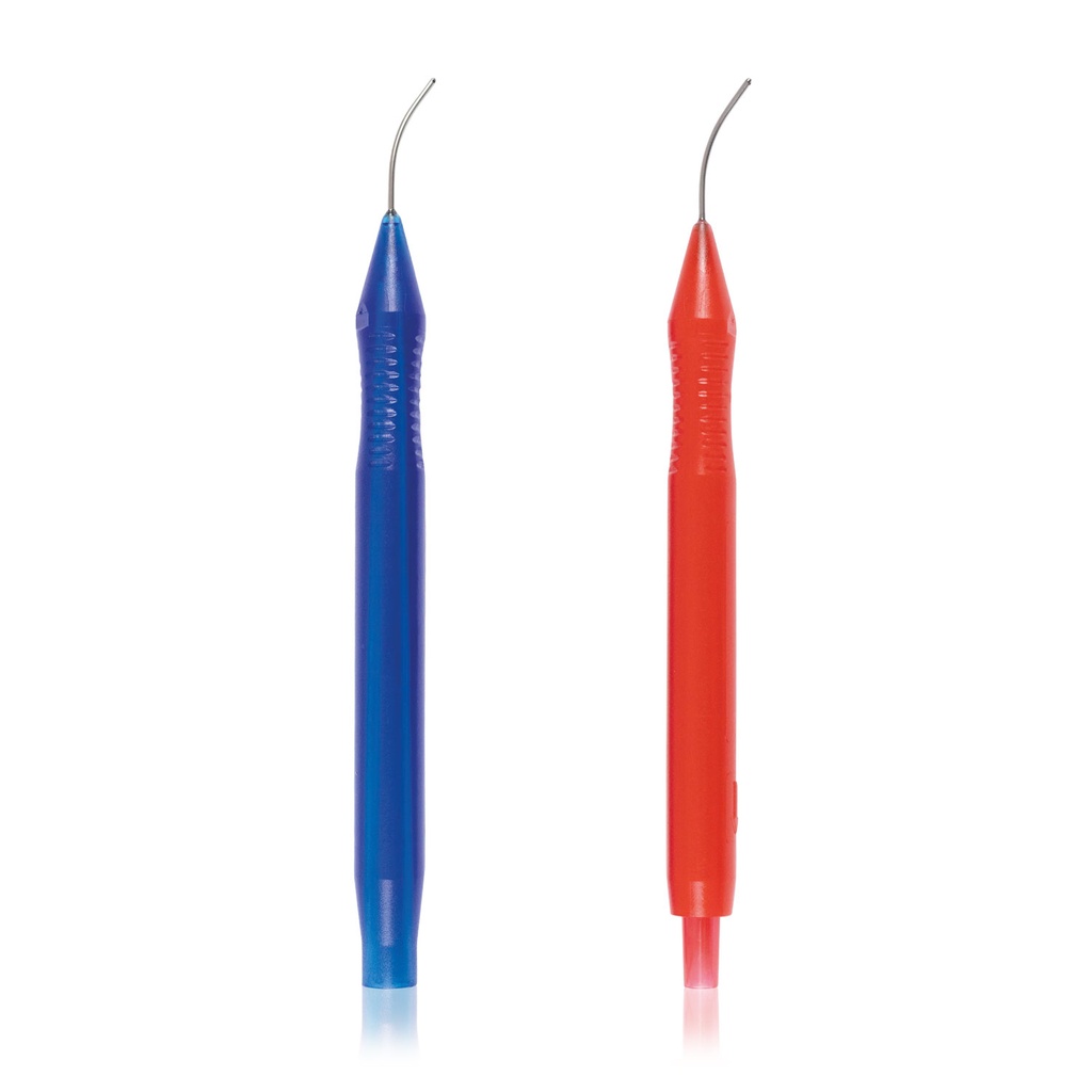 Bimanuális I/A rendszer, egyszer használatos, 21G, hajlított kanülökkel 1 irrigációs kézidarab kétoldali kimenettel (Ø 0,45 mm) 1 aspirációs kézidarab kimenettel (Ø 0,35 mm), érdes heggyel