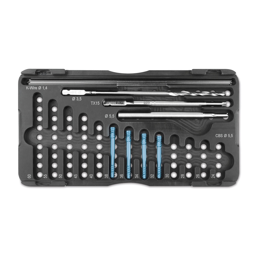 CBS 5.5 kompressziós csavarkészlet közepes testű kutyák számára, tartalma: 5 db CBS Ø5,5 csavar (32–40 mm hosszúságban) és 1 db spirálfúró Ø3,5 mm