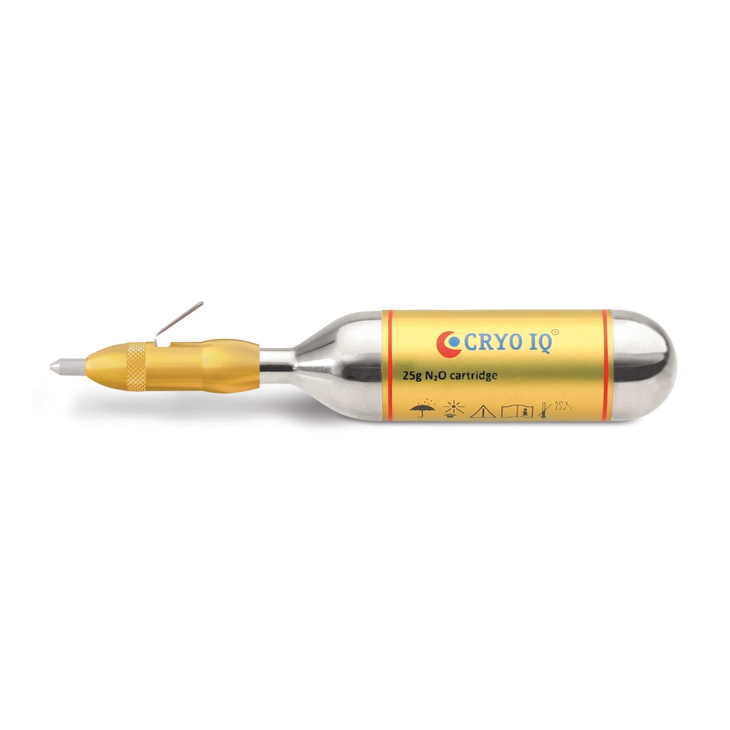 CryoIQ® PRO kriosebészeti egység, tartalmaz 1 db 25 g-os N₂O gázpatront, 1 db standard fejet és 1 db bőrgyógyászati fejet