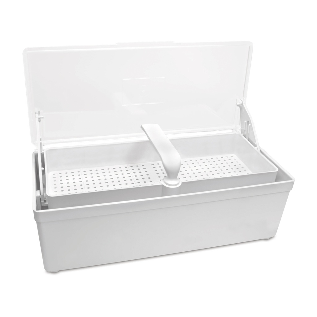 Endoszkóp-fertőtlenítő tálca szitás kosárral és átlátszó fedéllel, 1 l Méretek: 26,5 × 11,5 × 8,5 cm