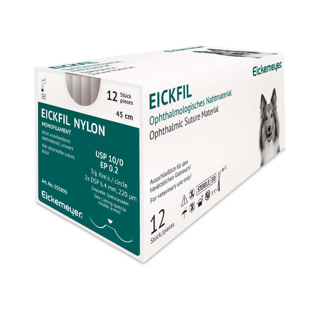 EICKFIL Nylon nem felszívódó varrófonal, USP 10/0 (EP 0,2), 3/8 köríves tű, 2 × DSP 6,4 mm, 220 µm, dupla oldalvágó tűvel