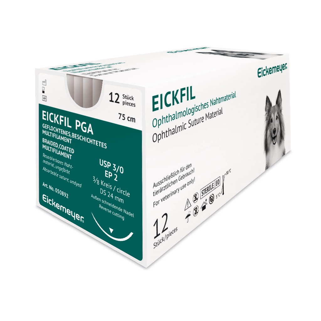[050892] EICKFIL PGA felszívódó varrófonal, USP 3/0 (EP 2), 75 cm, 3/8 köríves tű, DS 24 mm, külső vágótűvel, színtelen, 12 db/csomag