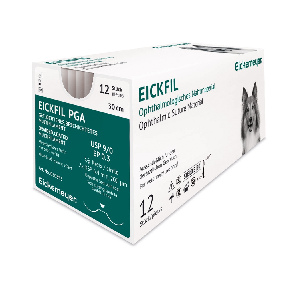 EICKFIL PGA felszívódó varrófonal, USP 9/0 (EP 0,3), 30 cm, 3/8 köríves tű, 2 × DSP 6,4 mm, 200 µm, dupla vágótűvel, ibolya színű, 12 db/csomag