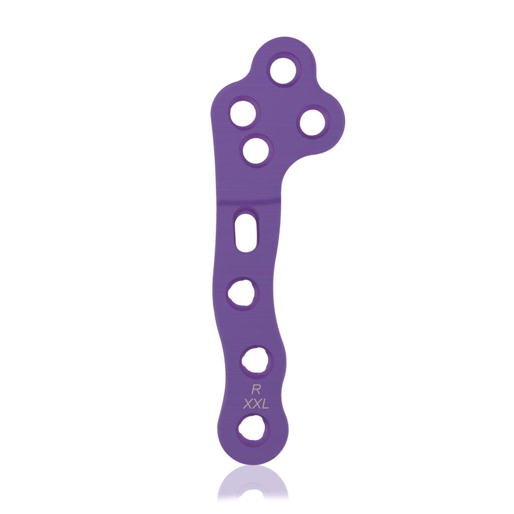 EickLoxx TPLO jobb oldali XXL zárólemez, 4/4 lyuk, 74 mm, Ø 2.7 / 3.5, titán, magenta