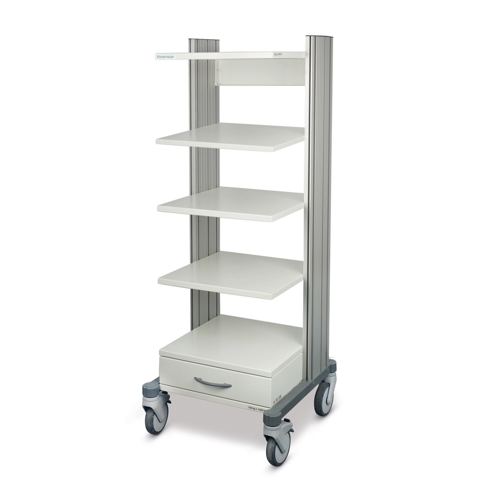 Endoscopy cart, H = 139.5 cm, W = 60 cm, 4 wheels, 4 storage shelfs, 1 drawer, 2 energy columns,