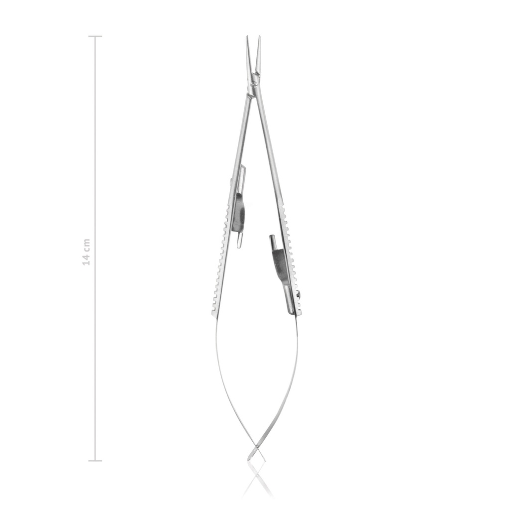 Castroviejo szemészeti tűfogó, 14 cm, egyenes, retesszel
