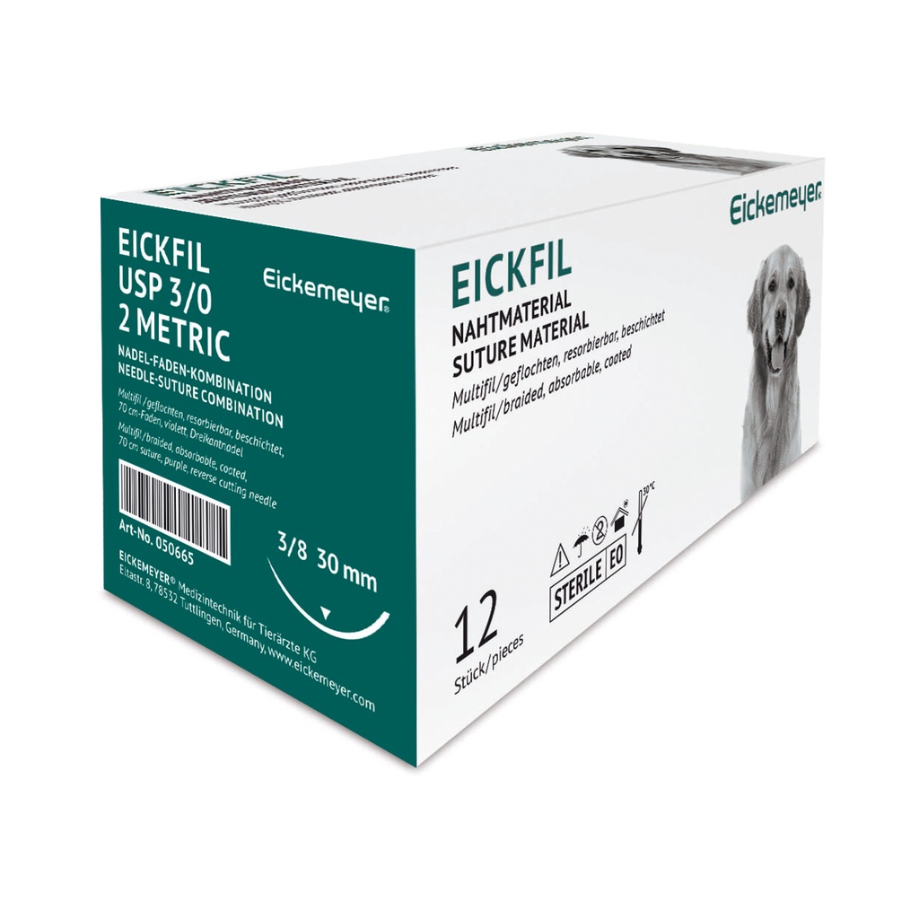 EICKFIL felszívódó varrófonal, 3/0 (2), 70 cm, 30 mm vágótűvel, 12 db/csomag