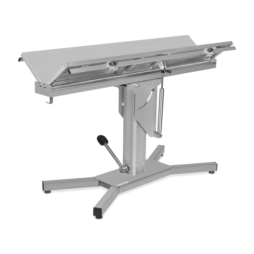 [602070] Rozsdamentes acél V-alakú műtőasztal, 140 × 50 cm, egyirányú döntési mechanizmussal (kb. 75°), X-alakú hidraulikus alapzattal