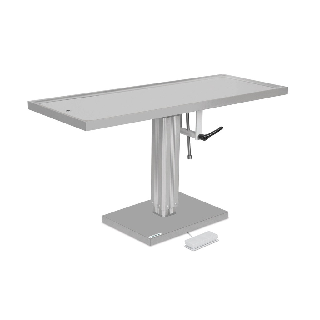 Rozsdamentes acél felületű műtőasztal, 50 x 130 cm / elektromos pumpával működő, egyirányú döntési mechanizmussal