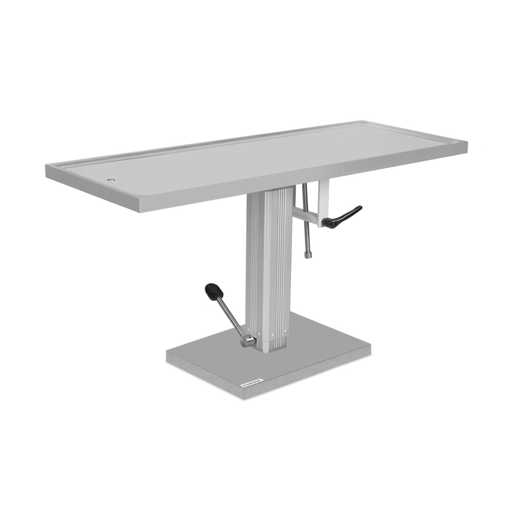 Rozsdamentes acél felületű műtőasztal, 50 x 130 cm / hidraulikus pumpával működő, egyirányú döntési mechanizmussal (90°)