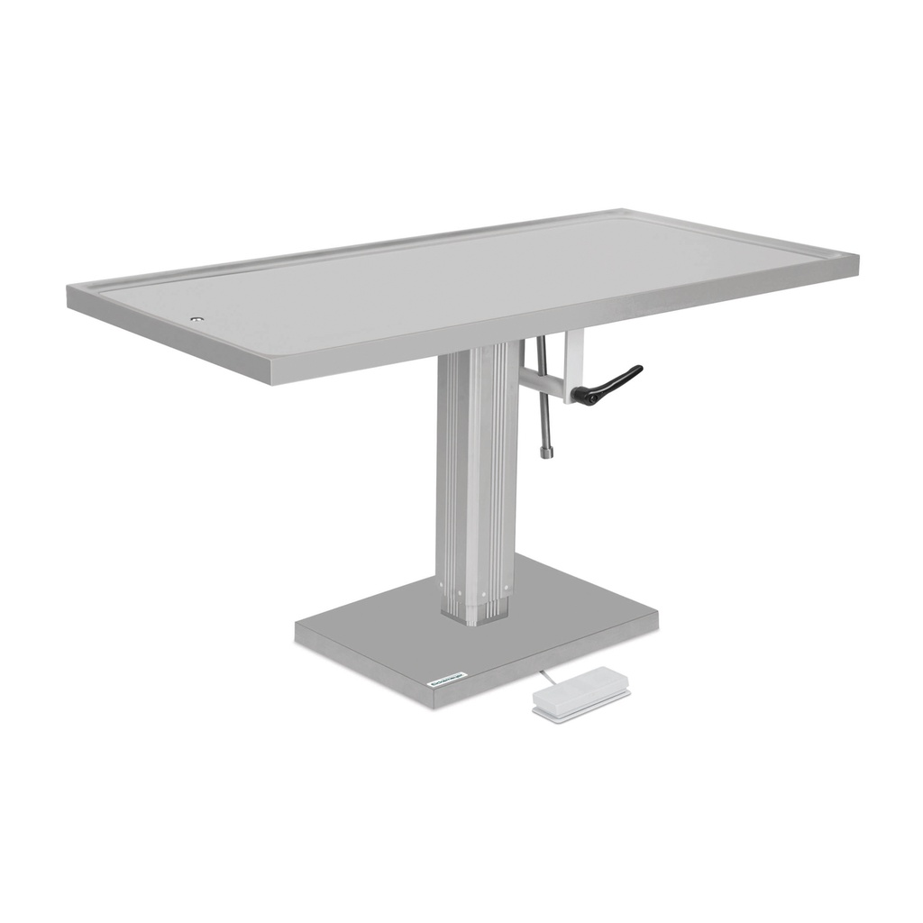 Rozsdamentes acél felületű műtőasztal, 60 x 130 cm / elektromos pumpával működő, egyirányú döntési mechanizmussal