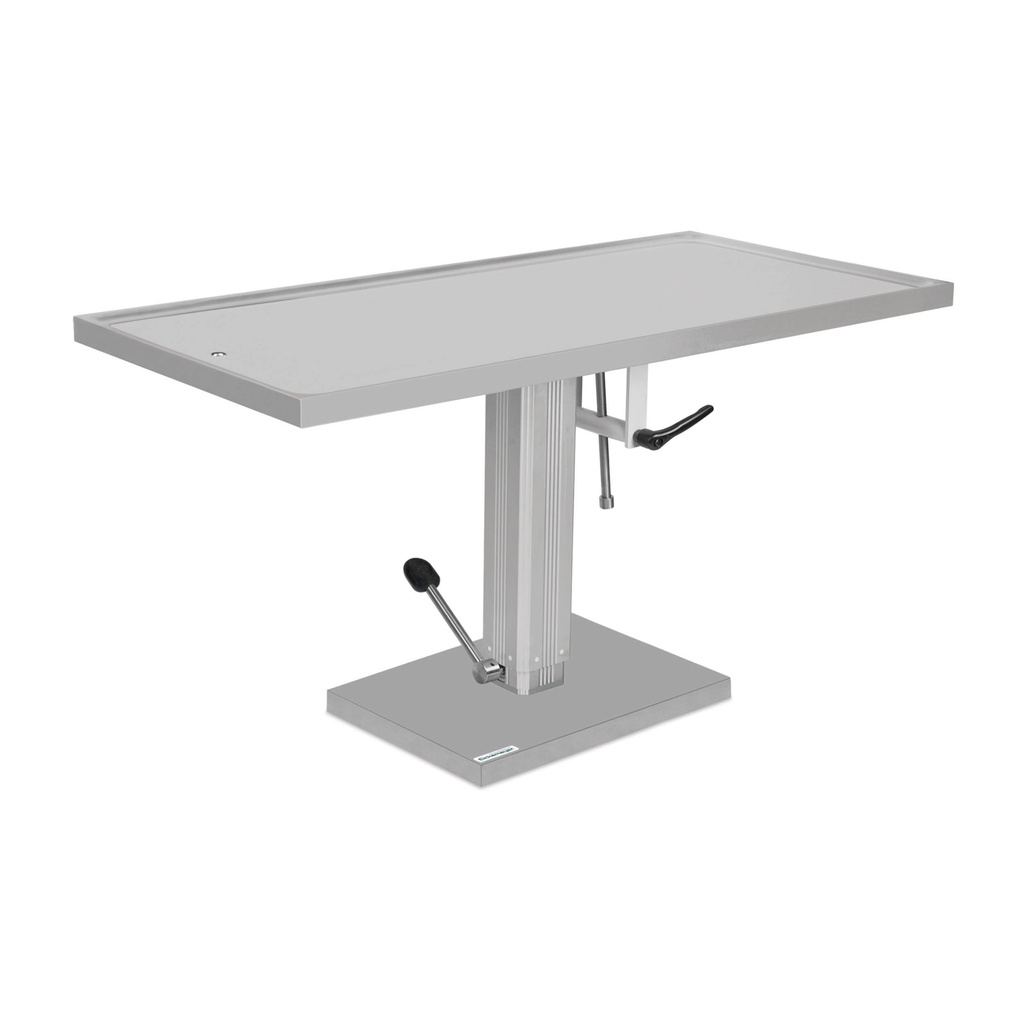 Rozsdamentes acél felületű műtőasztal, 60 x 130 cm / hidraulikus pumpával működő, egyirányú döntési mechanizmussal