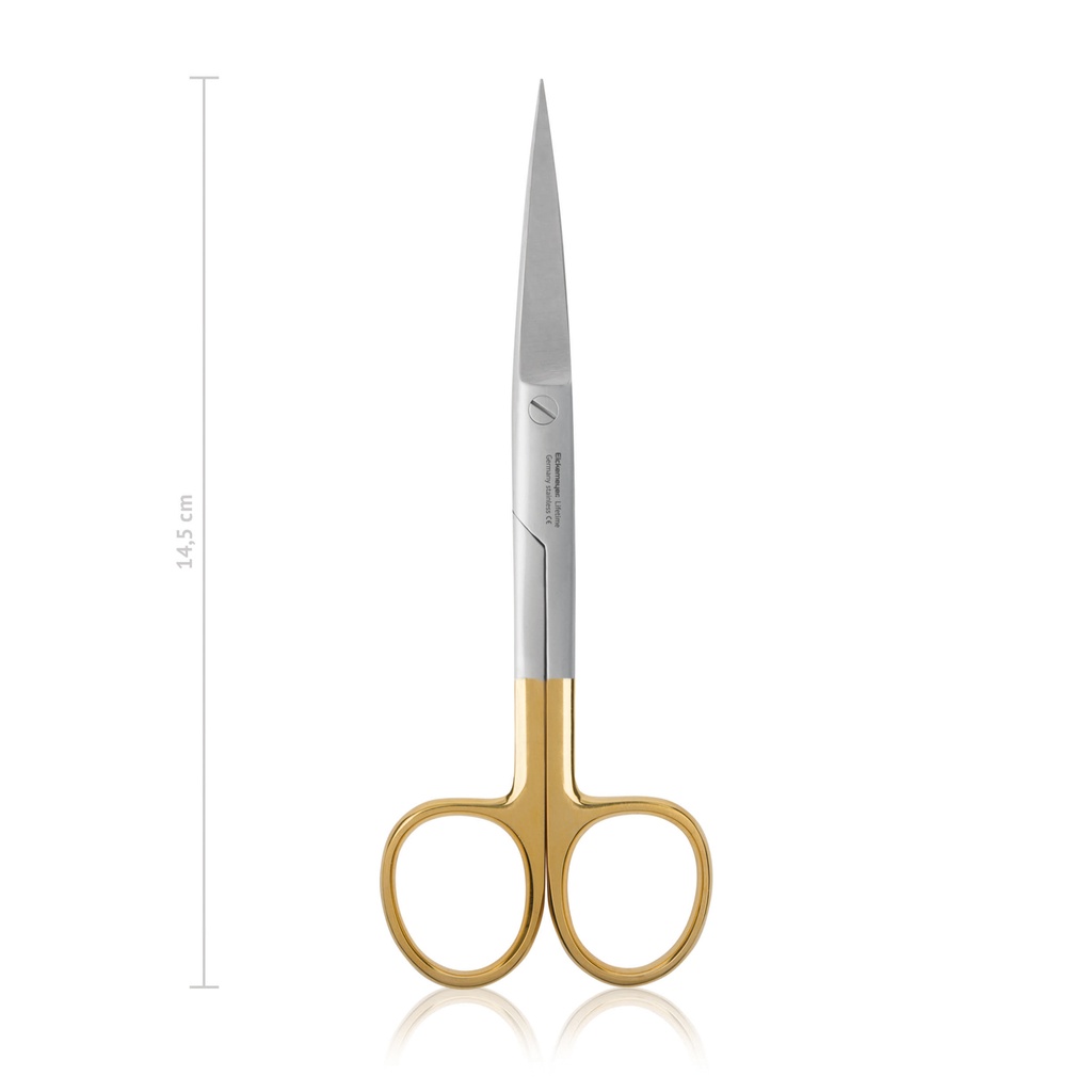 Sebészeti olló volfrám-karbid betéttel (TC), 14,5 cm, egyenes, hegyes/hegyes, TC