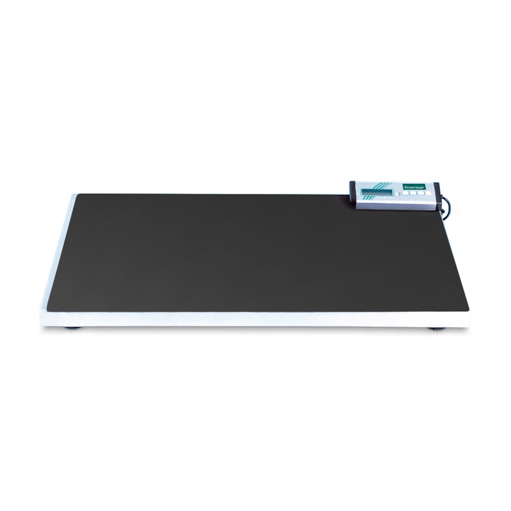 SLIM-LINE rozsdamentes acél kisállatmérleg, 0–150 kg mérési tartománnyal, LCD-kijelzővel, 90 × 55 × 4,5 cm, gumiszőnyeggel