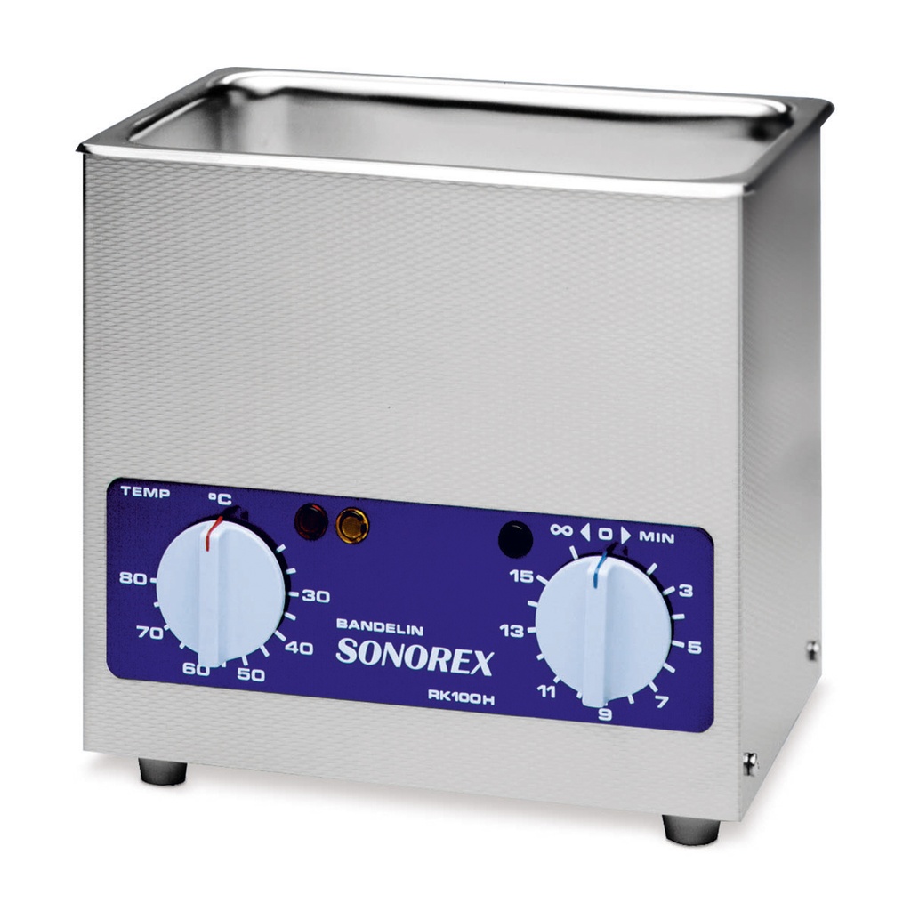 [560010] RK 100 H ultrahangos tisztító, kis méretű eszközökhöz, fűtéssel (30–80 °C) és időzítővel. Belső méretek: 240 × 140 × 100 mm.