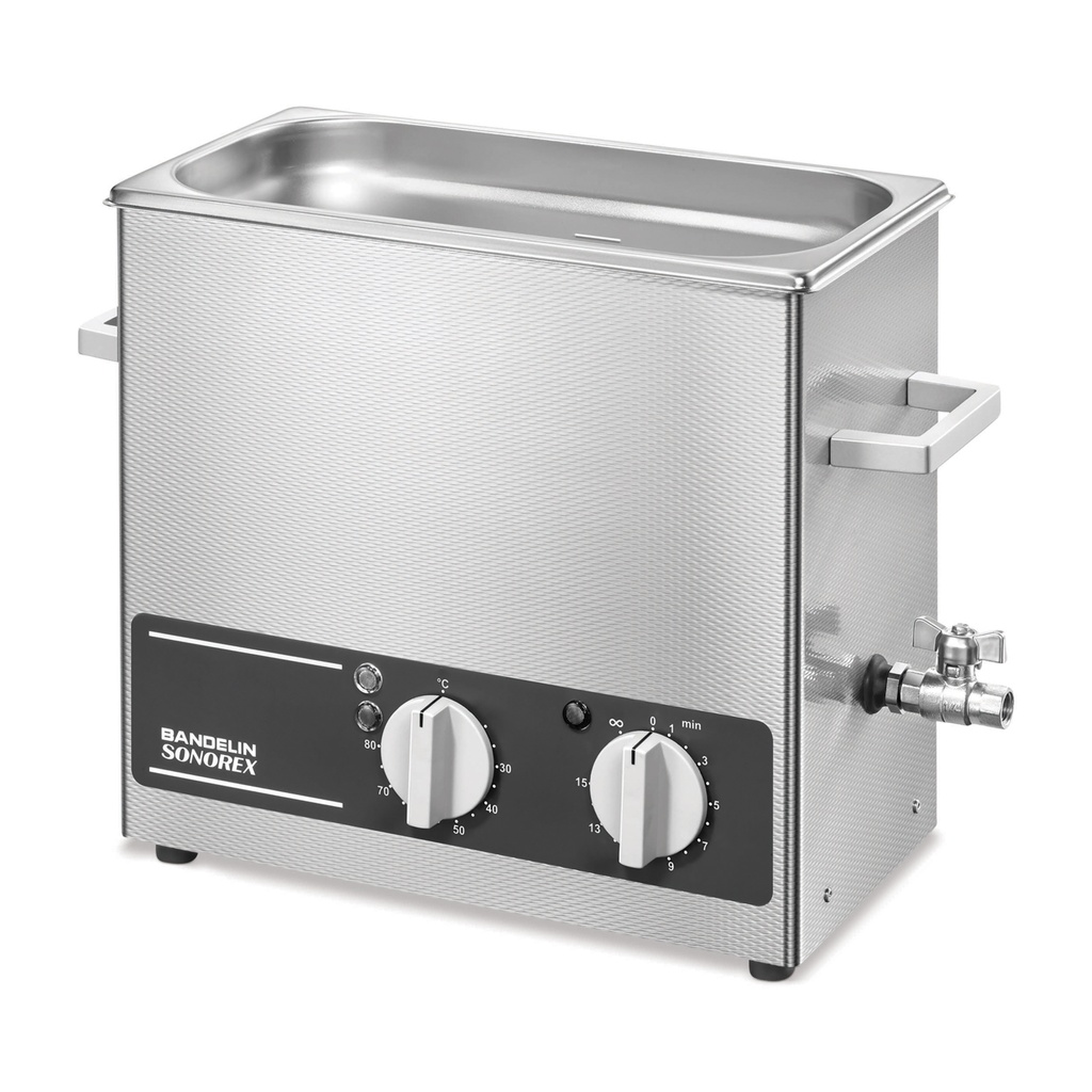 RK 255 H ultrahangos tisztító, fűtéssel (30–80 °C) és időzítővel. Belső méret: 30 × 15 × 15 cm.