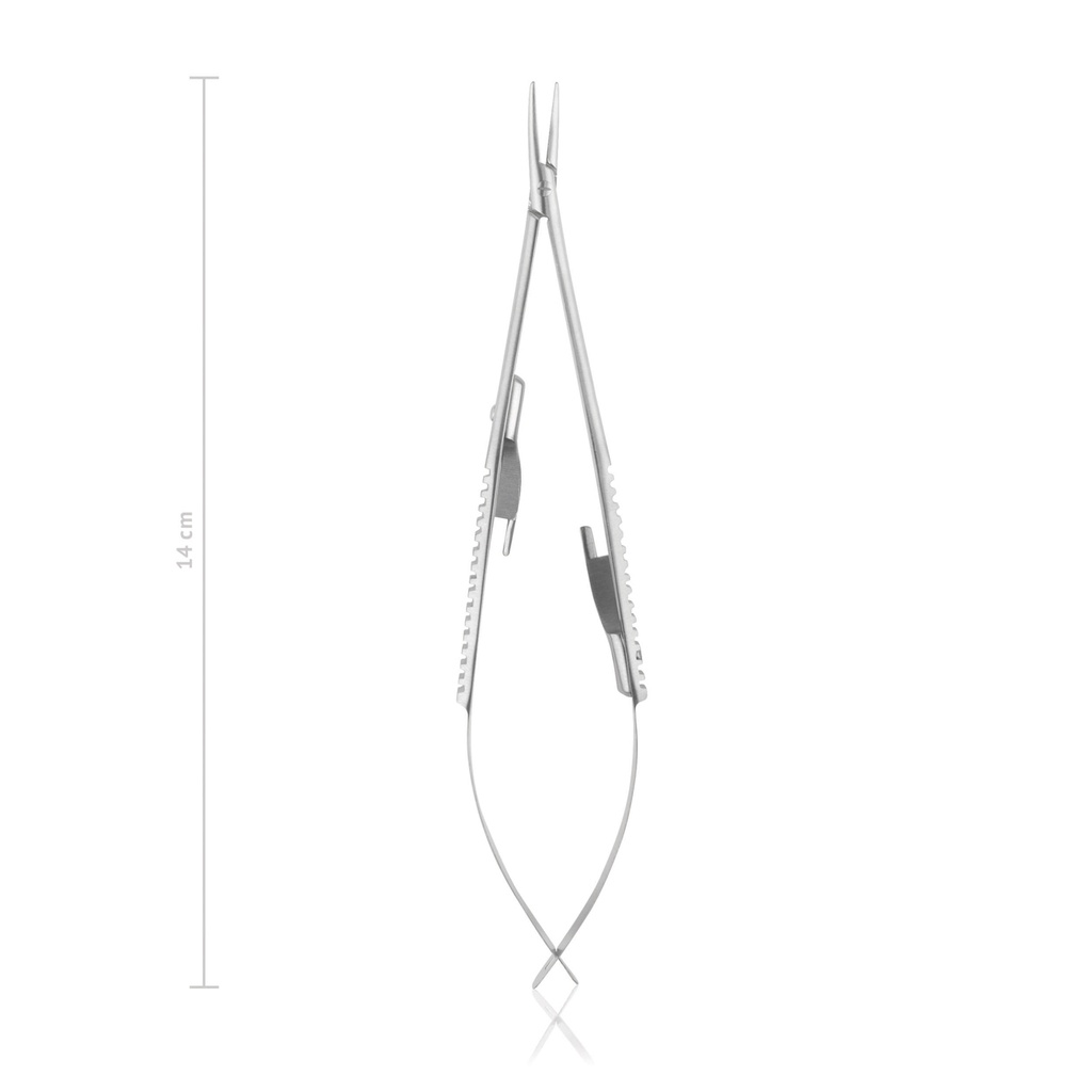 Castroviejo szemészeti tűfogó, 14 cm, hajlított, retesszel