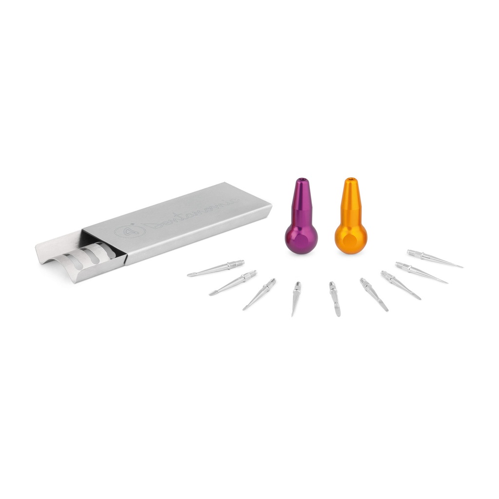 Dentanomic készlet – bronz, 2 hosszú nyéllel (lila és narancssárga), gyökéremelő- és luxációs penge készlettel (9 db) és tárolóállvánnyal