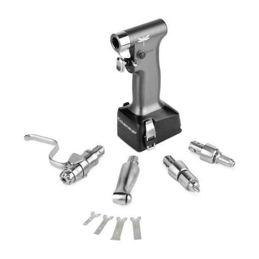 [199500] DRAGONFLY akkumulátoros fúrókészlet, tartalma: Kézidarab, 4 feltét: Jacobs tokmány, AO gyorscserélős tokmány, gyorscserélős tokmány KIRSCHNER-fúródrótokhoz, oszcilláló fűrész + 4 fűrészlap, meghajtó egység akkumulátorral, töltő, steril tölcsér, szállítótáska