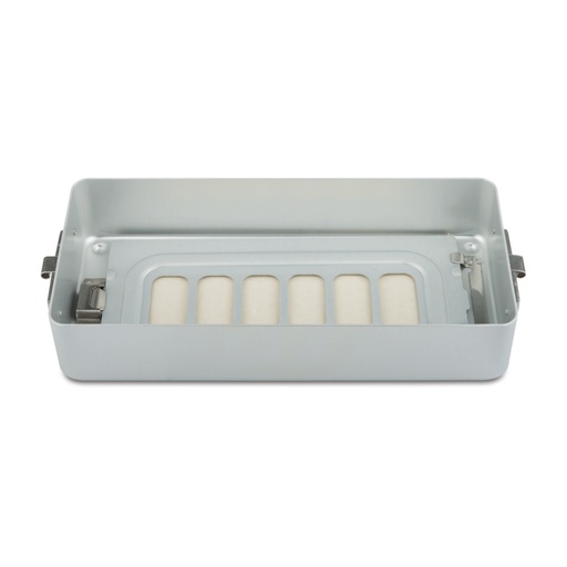 [500617] Eszközkonténer alsó rész, 6 cm magas, perforált, szűrővel, 30 × 13,5 × 7 cm, szürke, autoklávozható