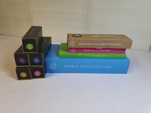 [SCH17507002] DENTANOMIC Set – Gold, bestehend aus 5 Standard Handgriffen (lila, orange, grün, blau und rosa) + Elevator- und Luxator-Klingen Set (9 Stück) + Aufbewahrungsrack + Schleifset + Sterilisationsbehälter - Die Originalverpackung ist leicht beschädigt; zudem weisen drei der Handgriffe Gebrauchsspuren auf.