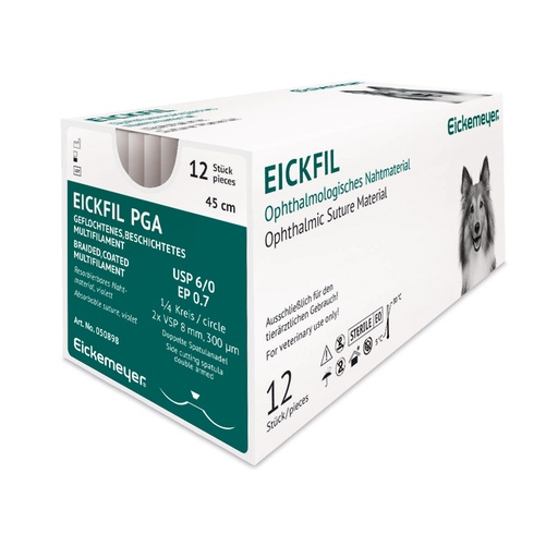[050898] EICKFIL PGA felszívódó varrófonal, USP 6/0 (EP 0,7), 1/4 köríves tű, 2 × VSP 8 mm, 300 µm, dupla oldalvágó tűvel