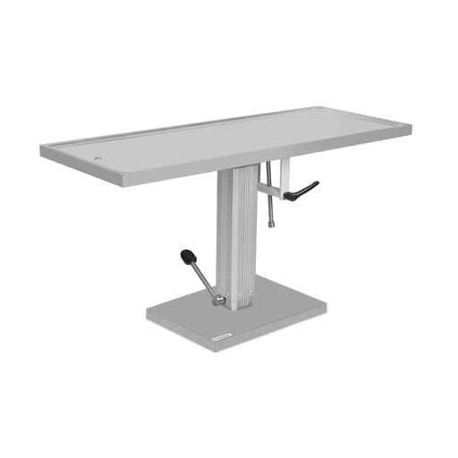 [601950] Rozsdamentes acél felületű műtőasztal, 50 x 130 cm / hidraulikus pumpával működő, egyirányú döntési mechanizmussal (90°)